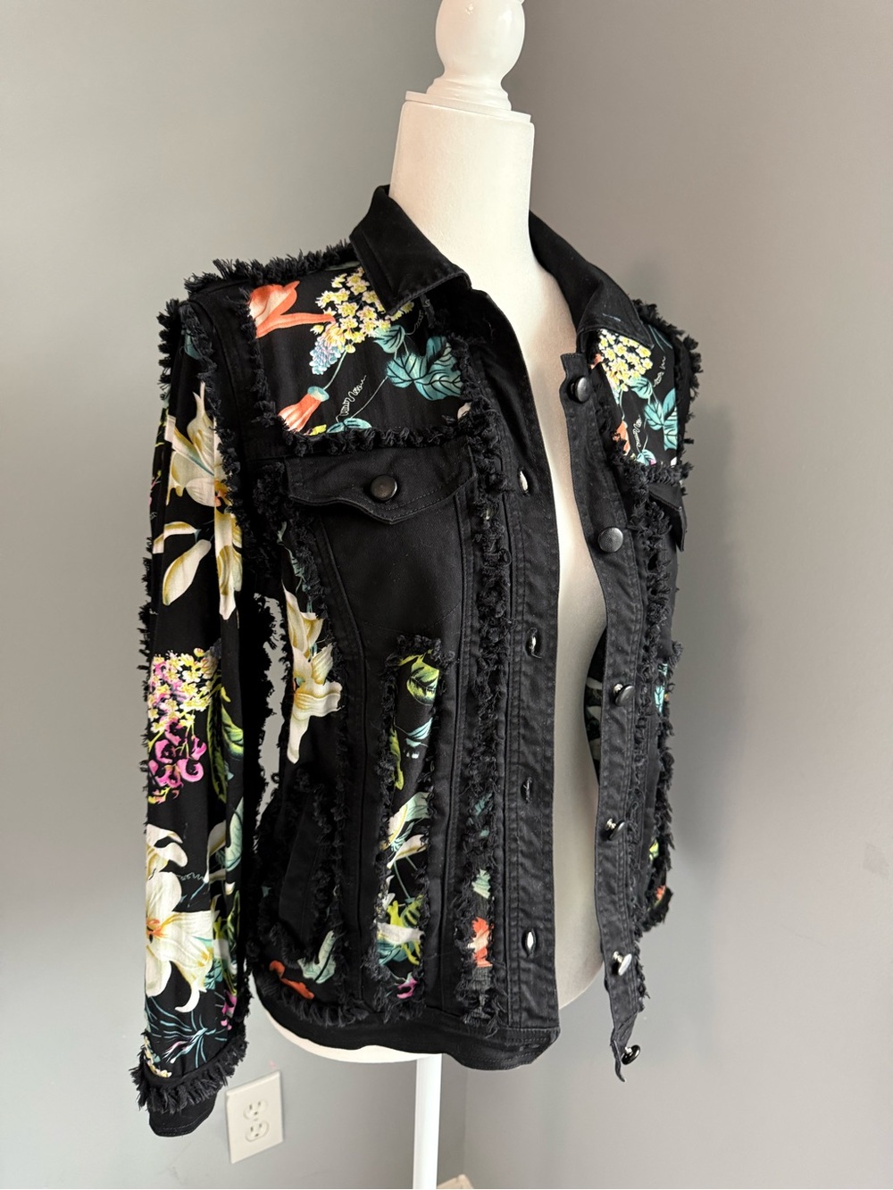 Adore Black Floral Fringe Jacket Vintage Button-up Boho Shabby Chic Sheer